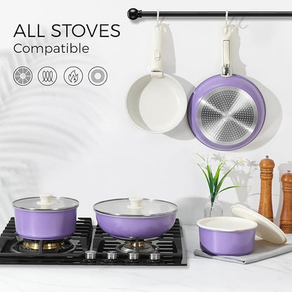 15Pcs Pots and Pans Set Non Stick, Cookware Sets with Detachable Handle, Nonstick RV Kitchen Cooking Tools Removable Handles, Oven Safe, Induction Fast, Stackable Induction Cookware, Purple