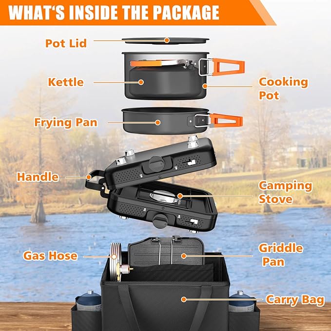 Hisencn 2 Burner Foldable Camping Stove with Griddle,Portable Propane Camp Stove, 20000 BTU Propane Stove, Outdoor Gas Stove with Carry Bag,Includes Frying Pan, Kettle, and Pot, Adjustable Burners