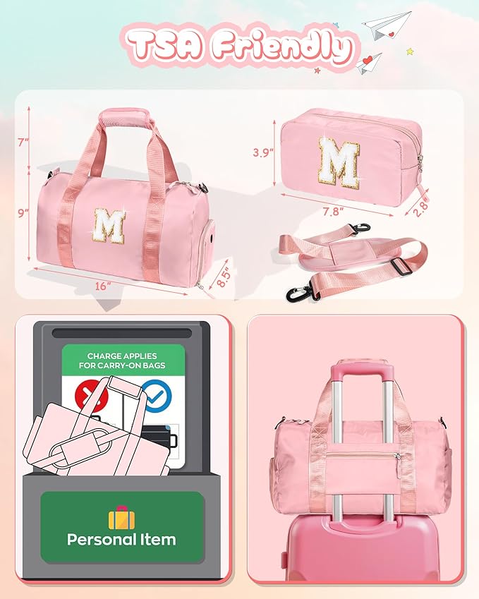 Girls Cheer Up Gifts-Girl Gym Bag with Shoe Compartment, Kid Personalized Weekender Overnight Bags, Initial Travel Tote with Makeup Pouch, Graduation Gift for Niece Kids Daughter (Letter K)