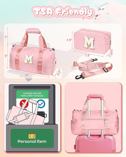 Girls Cheer Up Gifts-Girl Gym Bag with Shoe Compartment, Kid Personalized Weekender Overnight Bags, Initial Travel Tote with Makeup Pouch, Graduation Gift for Niece Kids Daughter (Letter K)