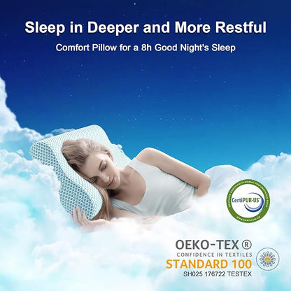 Anvo Memory Foam Pillow, Neck Contour Cervical Orthopedic Bed Pillow for Sleeping Side Back Stomach Sleeper, Ergonomic Design for Neck and Shoulder Pain Relief, Blue White, Soft