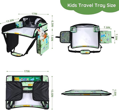 Kids Travel Tray, Kids Travel Trays for Car Seat, Road Trip Essentials for Toddler, Carseat Lap Tray with Dry Erase Board & Storage Organizer for Road Trip Activities for Kid, Green