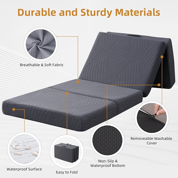 Foldable Memory Foam Mattress - 3 Inch Twin XL Waterproof Collapsible Mattress with Washable Cover, Portable Guest Bed Pad, Sleeping Mat for Travel RV Camping Yoga, Non-Slip Bottom,80"x38"x3"