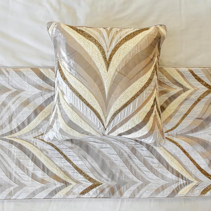 The HomeCentric King/Queen/Twin Ivory Luxury Full 68"x18" Bed Runner with One Pillow Cover, Bead Hand Embroidery Bed Scarf on Jacquard Fabric - Clarissa Serene