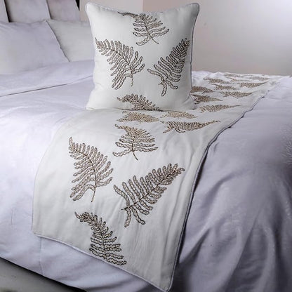 The HomeCentric White Bed Runner, Queen Size 74"x18" Decorative Bed Runner with 2 Matching Pillow Cover, White Linen Bed Scarf in Fern Embroidery & Pearl - Fern Blossom