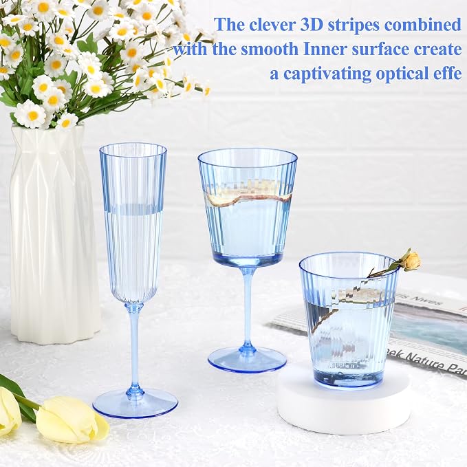 48 PCS Plastic Ribbed Drinking Glasses 10oz Blue Vintage Ripple Stemless Wine
