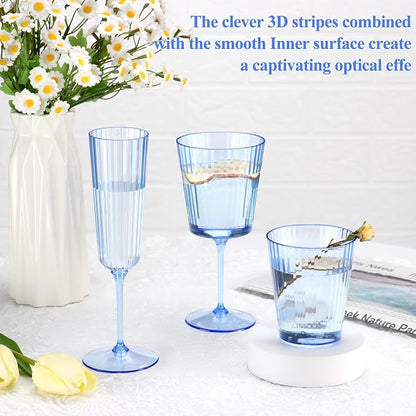 48 PCS Plastic Ribbed Drinking Glasses 10oz Blue Vintage Ripple Stemless Wine