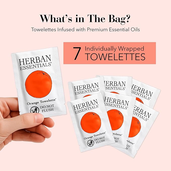 Herban Essentials - Orange Wipes & Towelettes - Essential Oil Wipes for Make Up, Hands, Face & Body - Travel Size Essentials & Toiletries - Natural, Individually Wrapped, Disposable & Moist (7 count)