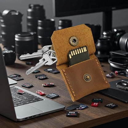 Jack&Chris Genuine Leather SD Card Holder Keychain, Anti-Shock Anti-Dust SD Card Case, Portable Camera Accessories for SD CF CFexpress Micro SD Nano SIM and Micro SIM Cards, Yellow Brown