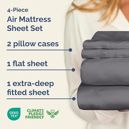 Air Mattress Sheet Set for King Size - 4 Piece Breathable & Cooling Sheets w/Extra Deep Pockets - Fits Inflatable & Blow Up Air Mattresses Up to 24 Inches Thick - Soft and Wrinkle Free - Dark Grey