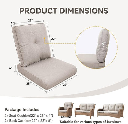 Patio Cushions for Outdoor Furniture - 22" x 25" x 4" UV Resistant Thick Foam Cushions Water Resistant Replacement Cushion for Outdoor Patio Furniture Chair/Sofa/Couch | Beige | 2-Pack |