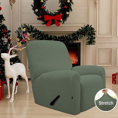 Easy-Going Recliner Stretch Sofa Slipcover 4-Piece Sofa Cover Furniture Protector Sofa Shield Couch Soft with Elastic Bottom Spandex Jacquard Fabric Small Checks(Recliner,Greyish Green,Large)