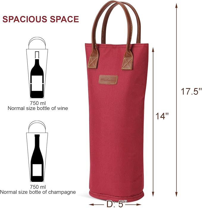 ZORMY Single Bottle Insulated Wine Tote, 1 Bottle Wine Carrier Bag Padded Wine Cooler Perfect Wine Lover's or Wedding Gift-Red