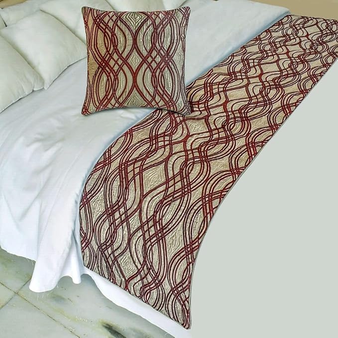 The HomeCentric King/Queen/Twin Brown Decorative Bed Runner CA King 86"x18" Bed Runner with Two Pillow Cover, Quilted, Swirl Pattern Bed Scarf on Satin Fabric - Brown Swirls