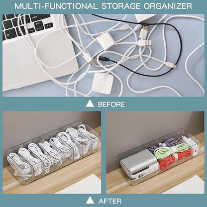Yesesion Clear Plastic Cable Organizer Box with Adjustment Compartments, Desk Accessories Storage Case with 10 Wire Ties for Drawer, Office Supplies, Electronic Management, Battery and Charger