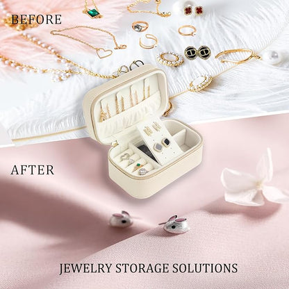 Small Travel Jewelry Case With PU Leather, Sturdy And Smooth Gold Metal Zipper, Perfect Size Suitable For Compact Jewelry Organizer Storage, Small Women's Jewelry Box Travel Accessories Beige