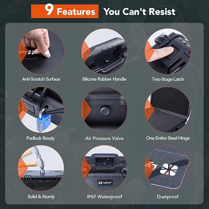 Lykus HC-3010 Waterproof Hard Case with Customizable Foam Insert, Interior Size 11.81x7.87x4.72 in, Suitable for Pistol, Camera, Lens, Drone, Mic, Flashlight, Electronics, Tools, and More