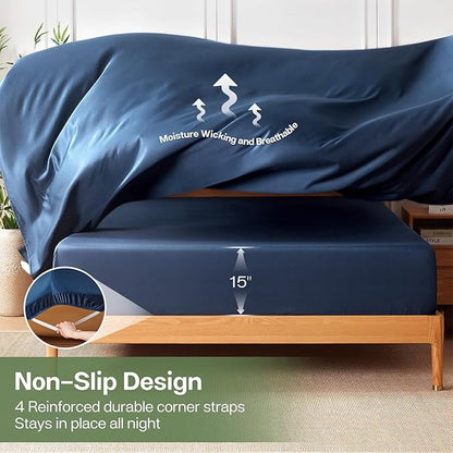 MR&HM Twin Fitted Sheet Only, Ultra-Soft Rayon Derived from Bamboo & Polyester Blend, Silky & Breathable, 15" Deep Pocket with Elastic Straps, Cooling Fitted Sheet for Hot Sleepers, Navy Blue