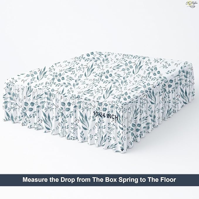 Cottington Lane Ruffled Bed Skirt Full Size with Split Corner, Brushed Microfiber Hotel Quality Dust Ruffle, 14" Drop Gathered Bedskirt, Soft, Stylish, Shrink & Fade Resistant, Tranquil Green Petals