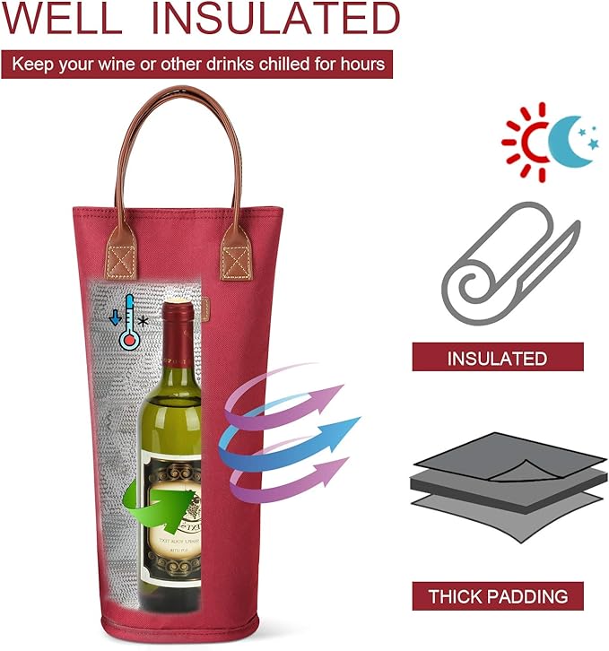 ZORMY Single Bottle Insulated Wine Tote, 1 Bottle Wine Carrier Bag Padded Wine Cooler Perfect Wine Lover's or Wedding Gift-Red