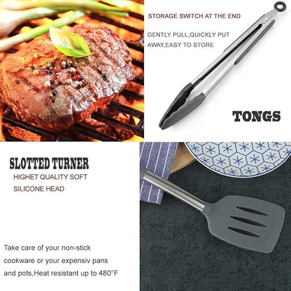 Silicone Kitchen Cooking Utensils Set with Stainless Steel Handle, Spatula Set Utensil Set, Cooking Utensil Set,Kitchen Tools Gadgets for Nonstick Cookware (11, Gray)