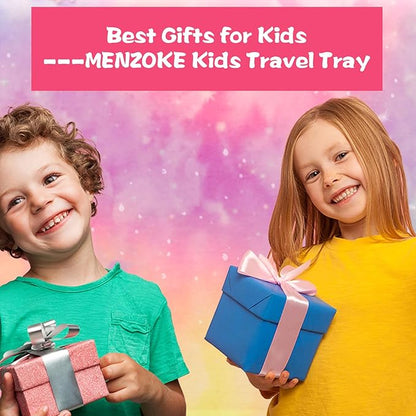 MENZOKE Kids Travel Tray, Car Seat Table Tray, Road Trip Essentials with Educational Drawing Board, Tablet Holder & Cooler Cup Holder, Travel Table for Kids Gifts in Car, Airplane, Multicoloured