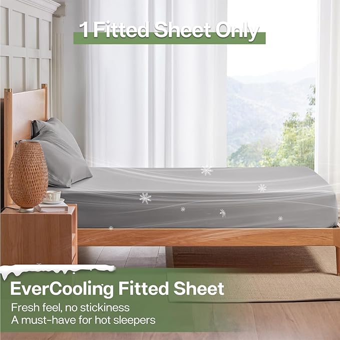 MR&HM California King Fitted Sheet, Ultra-Soft Rayon Derived from Bamboo & Polyester Blend, Silky & Breathable, 15" Deep Pocket with Elastic Straps, Cooling Fitted Sheet for Hot Sleepers, Silver Grey