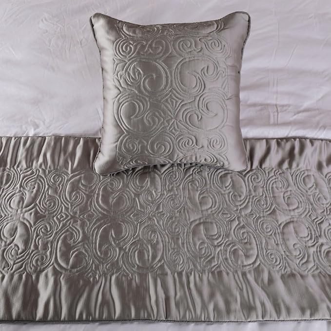 The HomeCentric Decorative Silver King 90 x 18 inch Bed Runner Without Pillow Cover, Satin Quilted Bed Scarf, Abstract Modern - Silver Soft