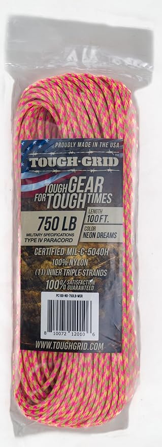 TOUGH-GRID 750 Paracord Rope Nylon Parachute Cord, Made in USA Survival Kit, Outdoor Adventures, Camping, Tactical Gear & Emergency Supplies, Military Type IV Mil-Spec