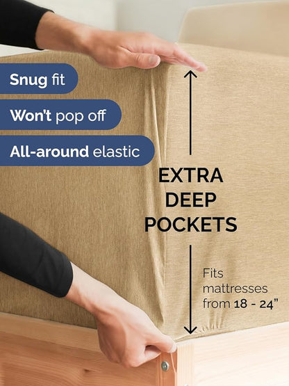 Extra Deep Twin XL Fitted Sheet - Hotel Luxury Single Fitted Sheet Only - Easily Fits 18 inch to 24 inch Mattress - Ultra Soft, Wrinkle Free w/Extra Deep Pockets - Breathable & Comfy - Heathered Tan