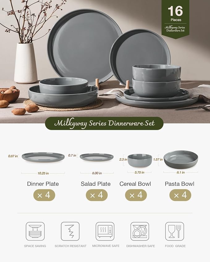 Famiware Milkyway 16-Piece Stoneware Plates and Bowls, Dark Gray | Dinnerware