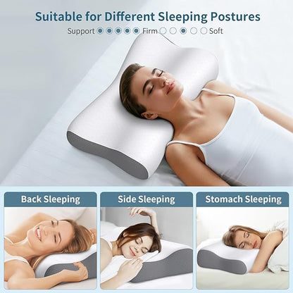 Cervical Neck Pillow for Pain Relief, Contour Memory Foam Pillows for Sleeping, Ergonomic Pillow Orthopedic Cooling Pillow Bed Pillow Neck Support for Side Back Stomach Sleepers(White & Grey)