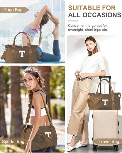 Birthday Graduation Gifts for Daughter,Initial Travel Duffel Bag Sports Gym Bag for Girls Teen Kids Birthday Gifts,Personalized Weekender Bag Carry On Tote Bags Cute Overnight Bag for Women(Brown, T)