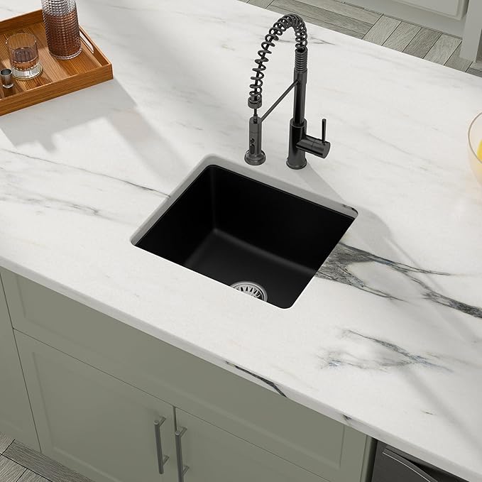Dcolora 18 Inch Quartz Composite Black Wet Bar Sink Undermount Small Prep Granite Composite Kitchen Sink RV Single Bowl Under Counter, 18"x 16", DC-GU7746