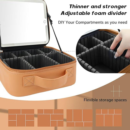 Makeup Bag with Led Mirror,Travel Makeup Organizer with 3 Color Setting, Portable Storage and Adjustable Dividers Travel Makeup Bag(CARAMEL COLOR)