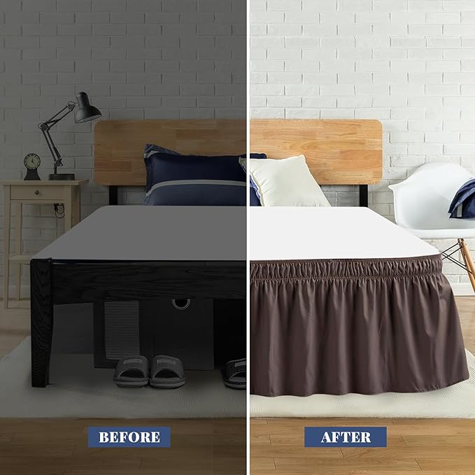 Twin Bed Skirt, Elastic Wrap Around Bed Skirt Twin Size, Bed Skirts for Adjustable Bed, Easy Fit with 18" Drop Length Tailored Drop Dust Ruffle (Brwon)