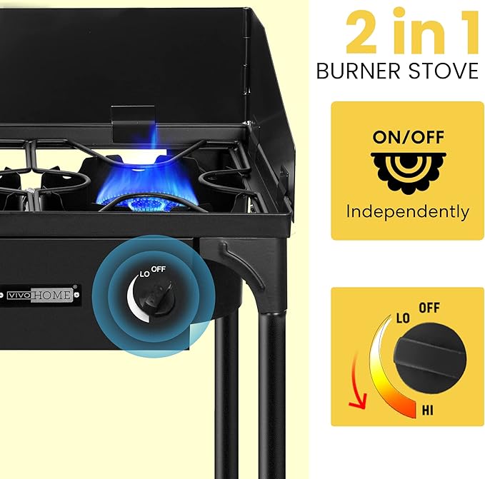 VIVOHOME 150,000 BTU Double Burner Propane Stove, Heavy-Duty Outdoor Portable Camp Stove with Windscreen & Detachable Legs for Camping, Backyard, BBQ Cookouts