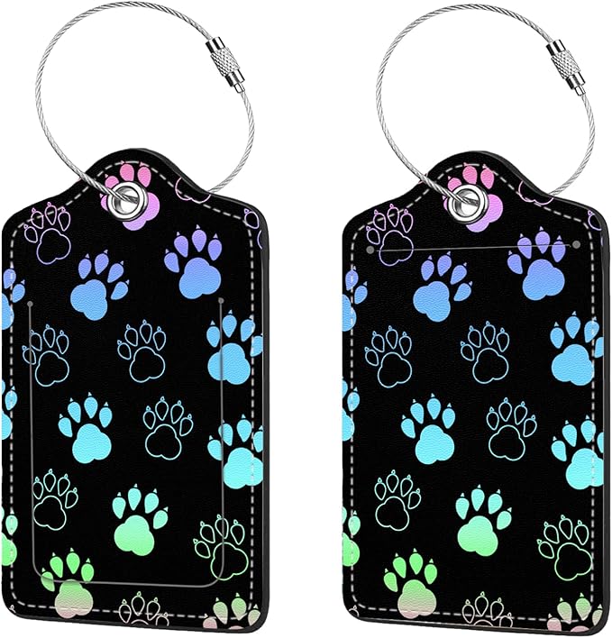 2 Pcs Luggage Tags for Suitcases, PU Leather Cruise Ship Luggage Tags with Privacy Cover Label Address Card and Durable Metal Ring Suitable for Men Women Handbags Backpacks Schoolbag,Dog Paw Print