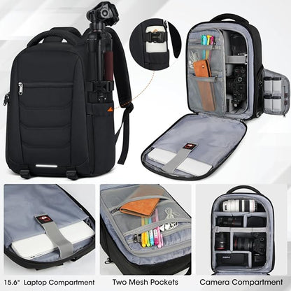 SDYSM Camera Bag Backpack Professional for DSLR SLR Mirrorless Camera Waterproof Laptop Back Pack 15.6 Inch with Rain Cover Anti Theft Travel Case Large Capacity Photography Backpack Black