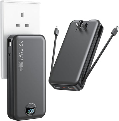 Portable Charger with Wall Plug, 20000mAh USB C Power Bank Fast Charging, External Battery Pack with Built in Cables, Digital Display, 5 Output 2 Input for iPhone Android Cell Phone Tablet