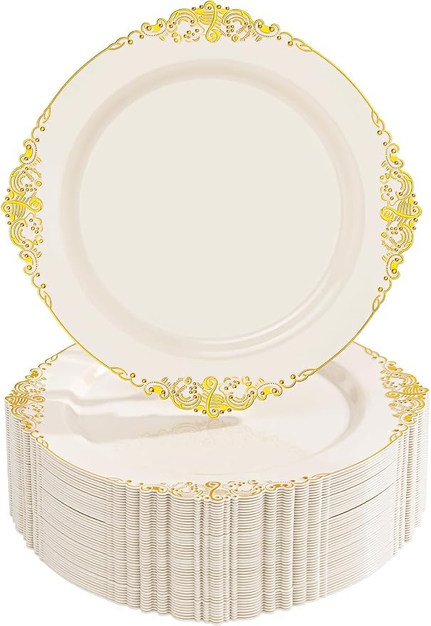Nervure 100Pcs 10.25'' Ivory Plastic Plates, Party Plates