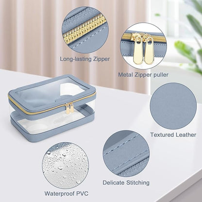 Travel Clear Makeup Bag with Makeup Brush Bag, Leather Makeup Case Toiletry Bag, Portable Cosmetic Bag Case, Transparent Waterproof Cosmetic Organizer Storage Bag for Women, Blue