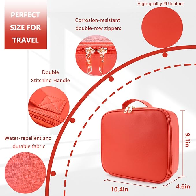 Travel Makeup Bag for Makeup Artists Large Makeup Case,with Mirror 3 Color Setting and Detachable 10x Magnifying Mirror Travel Makeup Bag,Portable Storage and Adjustable Dividers（red）