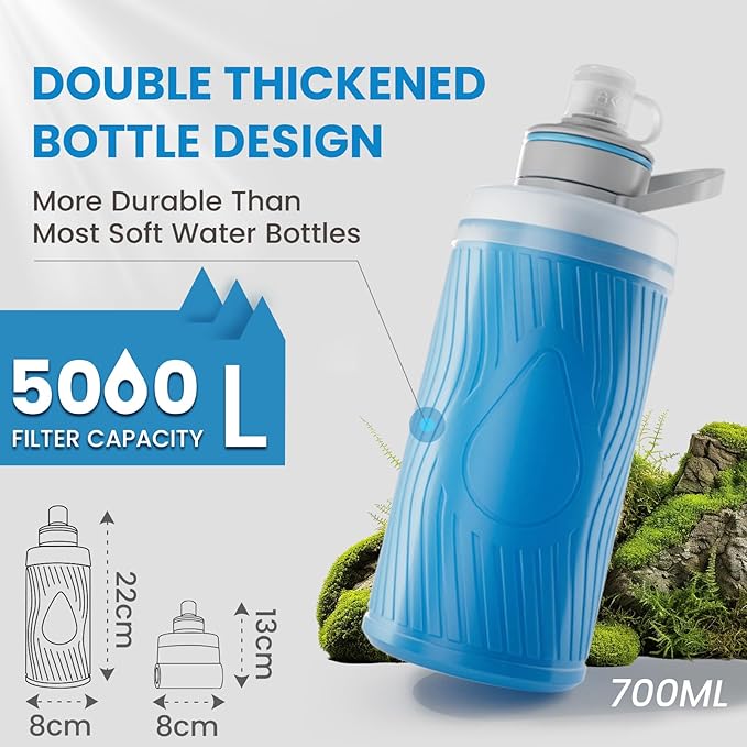 Collapsible Water Bottle with Filter for Travel,Portable Water Filter Camping,Water Purifier Bottle for Camping Hiking Cycling Outdoor Sports,Mountain Blue