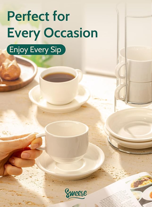Sweese Porcelain Espresso Cups Set, 4 oz Stackable Cups