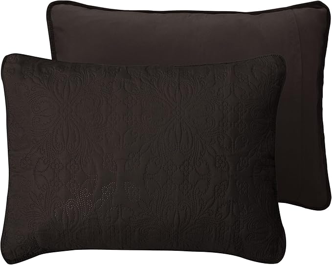 Easy-Going King Size Reversible Quilt Set with 1 Quilt and 2 Pillow Shams, Soft Bed Quilt Cover, Water Resistant Lightweight Microfiber Bedspread, Stain Resistant, Damask-Chocolate/Beige