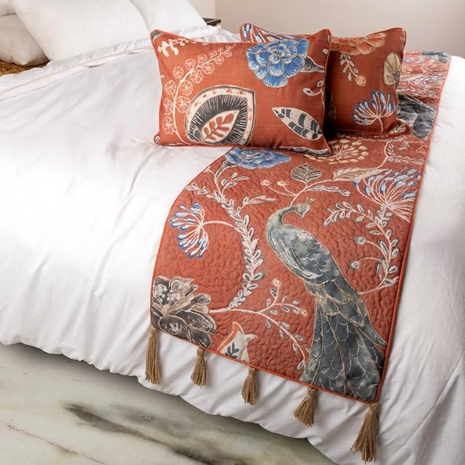 The HomeCentric Orange Bed Runner, Queen Size 74"x18" Decorative Bed Runner with 2 Matching Pillow Cover, Rust or Orange Linen Bed Scarf in Quilted Peacock, Linen & Jute Embroidery - Peacock Soiree