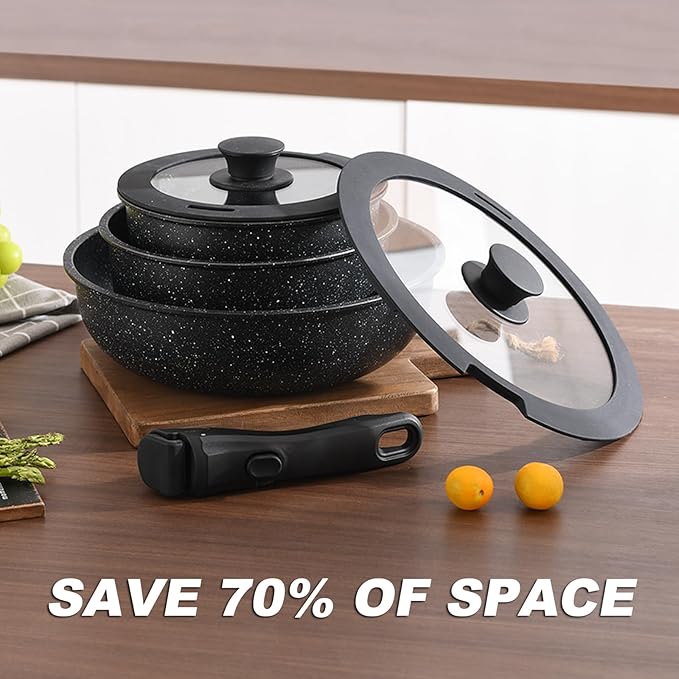 Pots and Pans Set, Nonstick Detachable Handle Cookware Set, Induction Kitchen Cookware Set with Removable Handle, Healthy Non Stick Cookware, Dishwasher ＆ Oven Safe, PFOA Free