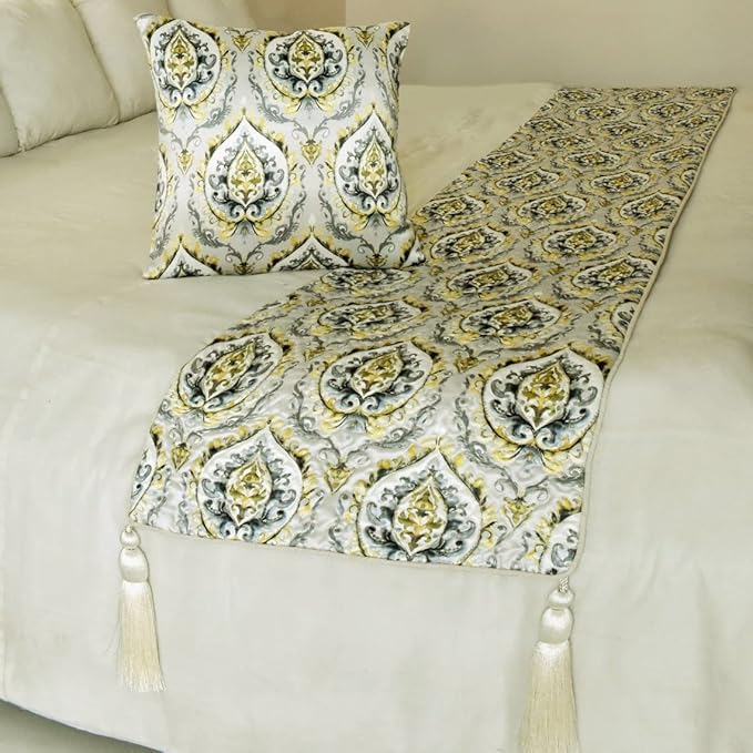 The HomeCentric King/Queen/Twin Grey & Yellow Designer CA King 86"x18" Bed Runner with Pillow Cover, Quilted, Damask & Tassels Bed Scarf on Jacquard Fabric - Flamey Damask