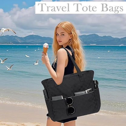 LEDAOU Beach Bag Waterproof Sandproof Women Tote Bag Pool Bag with Zipper for Gym Grocery Travel with Wet Pocket